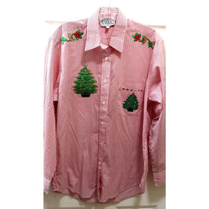 Las Olas Button Up Womens Red White Striped Shirt Sz S Christmas VTG Embroidered